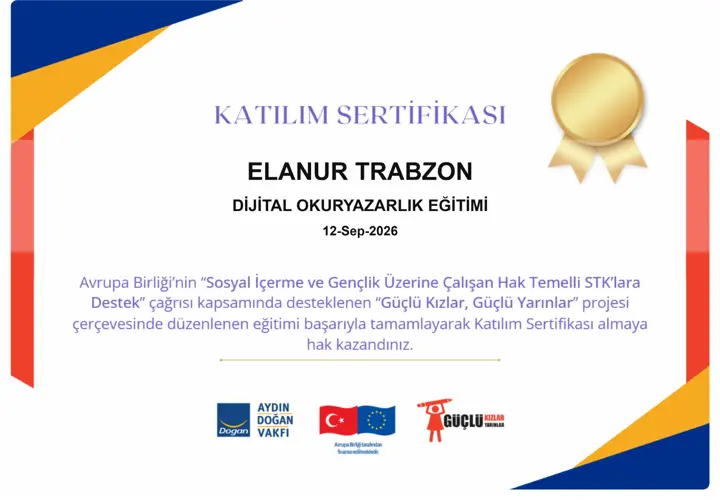 Elanur Trabzon — Dijital Okuryazarlık sertifikası