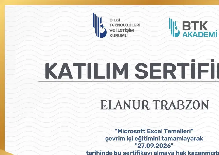Elanur Trabzon — Microsoft Excel Temelleri sertifikası